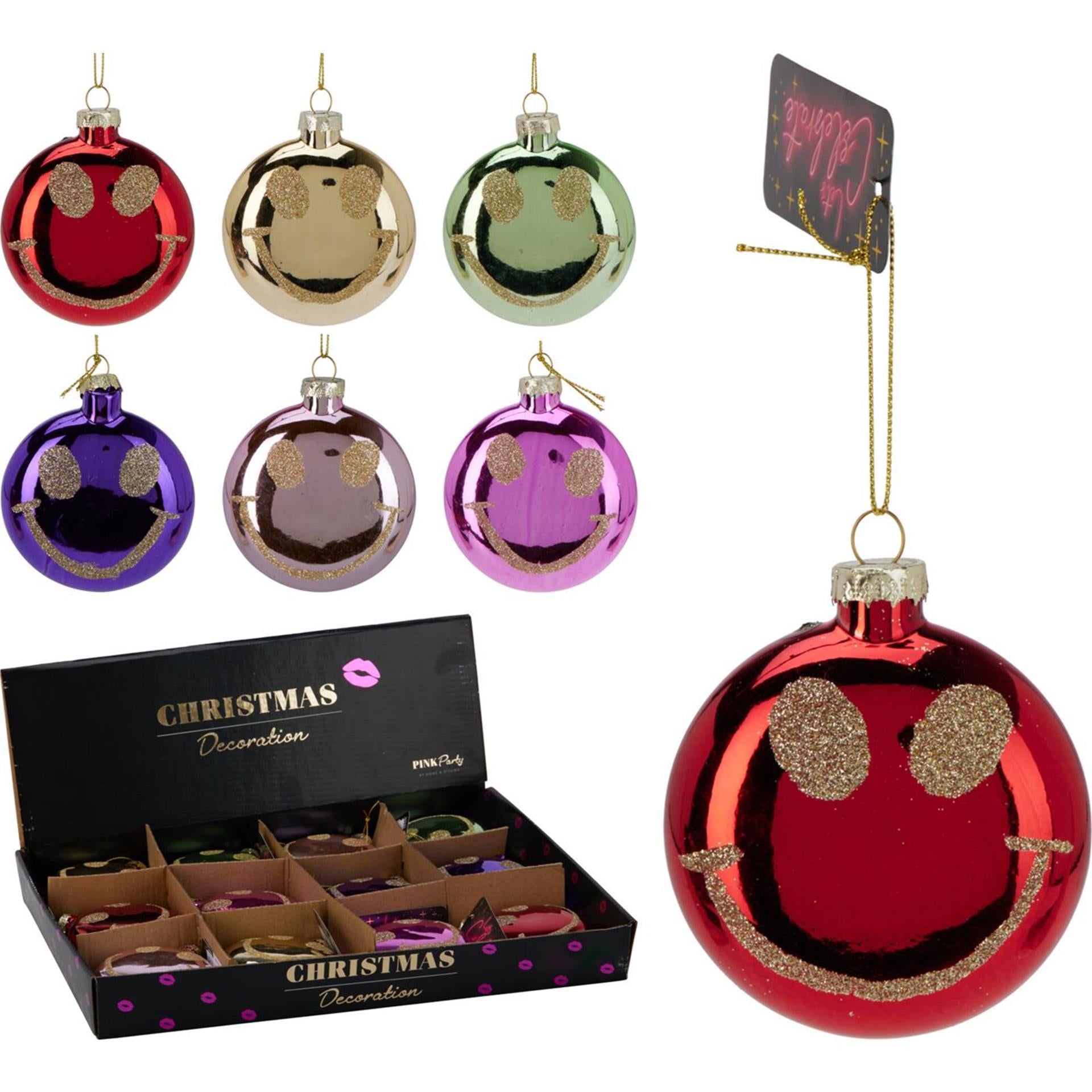 Weihnachtskugel-Smiley 8,8 cm, Display a 12 Stück