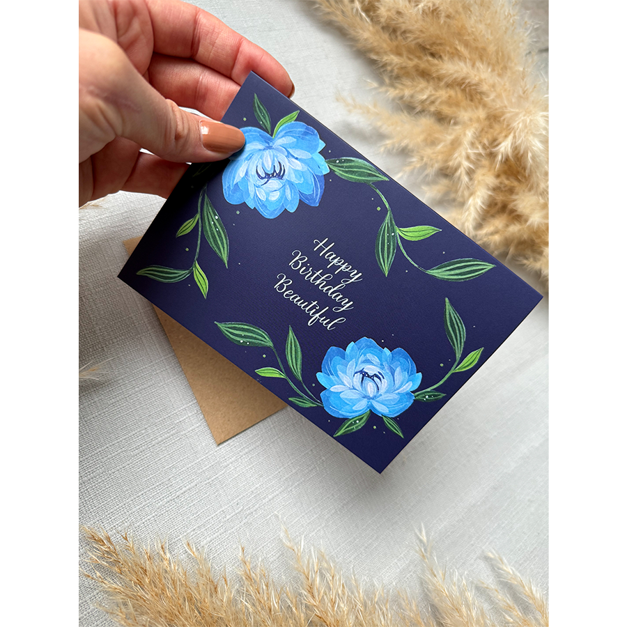 Kunst von andu Grußkarte HBD blaue Blumen