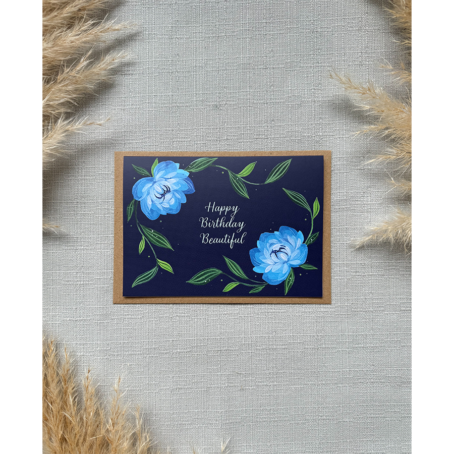 Kunst von andu Grußkarte HBD blaue Blumen