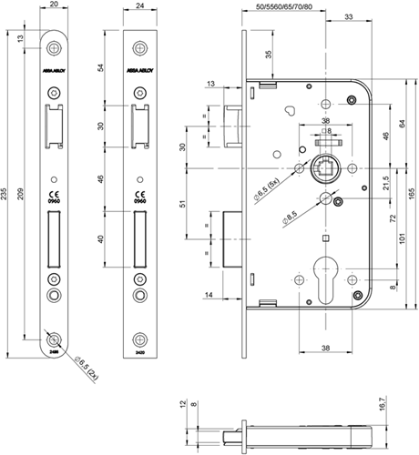 Assa Abloy 2420 Türschloss | dm65mm | pc72mm | Kurbelloch 8mm | Frontplatte Edelstahl 24x235mm rechteckig | dr 1+3 2+4 - 7262018