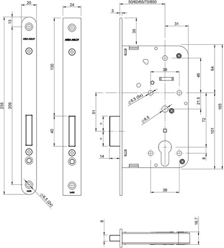 Assa Abloy 2455 Schrankschloss | dm50mm | PC | Frontplatte aus lackiertem Stahl 24x235mm rechteckig | dr 1+2+3+4 - 7962019
