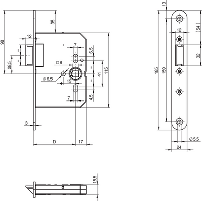 Assa Abloy N1002 Laufschloss | dm65mm | Kurbelloch 8mm | Frontplatte Edelstahl 24x185mm abgerundet | Zamak vernickelter Riegel | dr 1+3 2+4 - 10049500