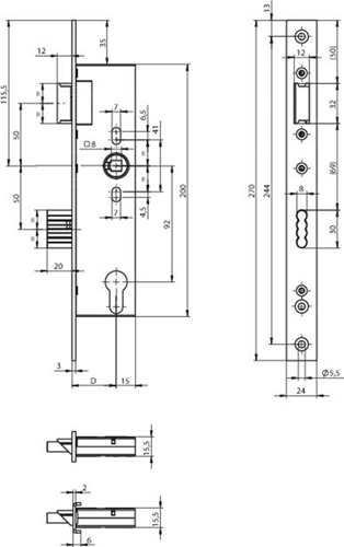 Assa Abloy N1500 Türschloss | dm40mm | PC 92mm | Kurbelloch 8mm | Frontplatte Edelstahl 24x270mm rechteckig | Zamak vernickelter Riegel | dr 1+3 2+4 - 10049531