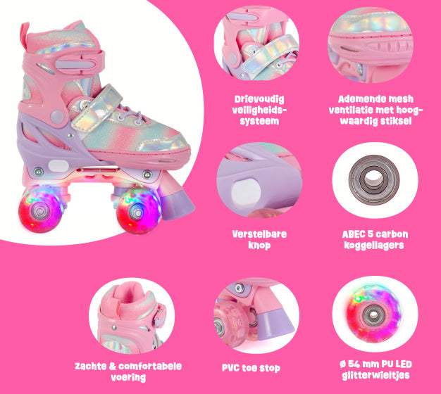 Aventuri Verstellbare Rollschuhe mit leicht rosa Glitzergröße 27-30 (XS)