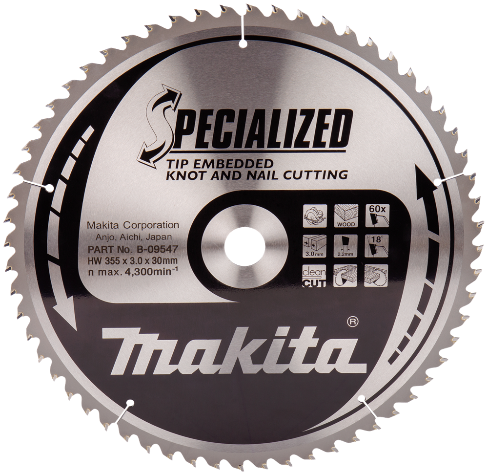 Makita Zubehör Kreissägeblatt Holz (Astnagel) | eingebettete Spitze 355x30x3,0 60t 18g - b-09547 - b-09547
