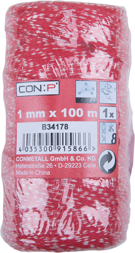 Con:P PP-Seil 1 mm 6 kg rot-weißer Bob 100 m – B34178