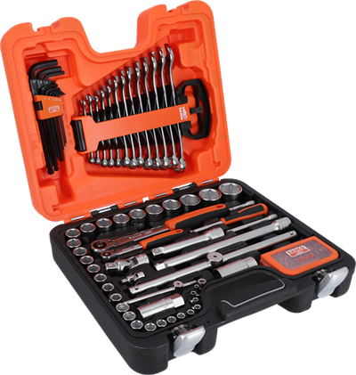 Bahco Steckdosen-Set 1 4 und 1 2 | Umschaltknarren | Sechseck | metrisch | inklusive Ringmaulschlüssel | Inbusschlüssel und Bits – 96 Stück – Koffer – S95