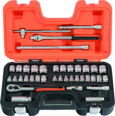 Bahco Steckdosen-Set 3 8 | umschaltbare Ratsche | Sechseck | Metrische und Zollgrößen – 38-teilig – Koffer – S380