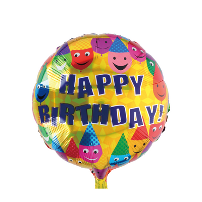 Folienballon Happy Birthday mit goldenen Gesichtern ø46cm