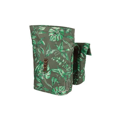Basil Ever-Green Doppel-Fahrradtasche, recyceltes PET, wasserabweisender Faltverschluss, veganes Leder, 28-32L, Thymiangrün