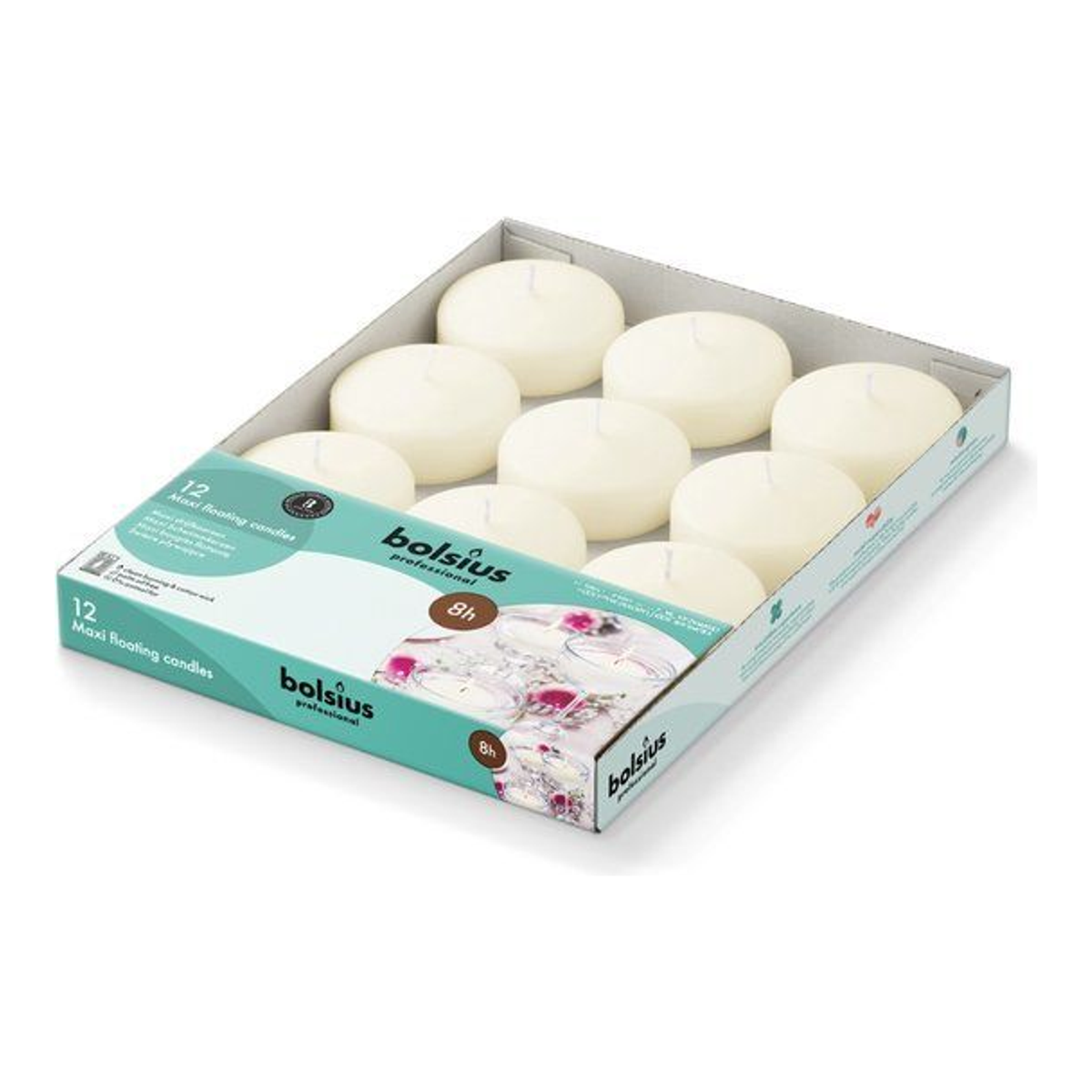 Bolsius professionelle Maxi-Schwimmkerzen Elfenbein 8 Brennstunden (12 Stück)