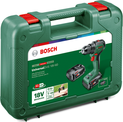 Bosch grüner Universalbohrer 18V-60 | Akku-Bohrschrauber mit zwei Einstellungen | 2 x 2,0 Ah Akku + Ladegerät 06039d7002