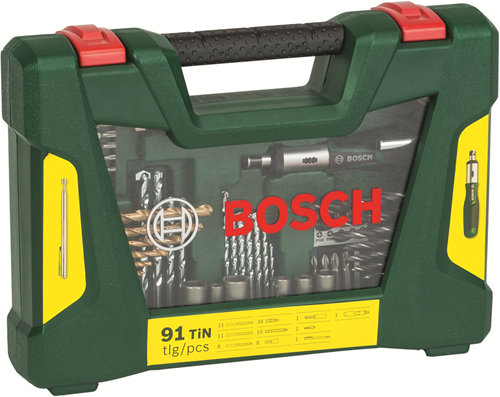 Bosch Zubehör V-Line Blechbohrer und Bit-Set mit Ratschenschraubendreher und magnetischem ausziehbarem Stift 91-teilig – 2607017195
