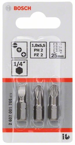 Bosch Zubehör 3-teiliger Bitsatz extra hart (sortiert) S 1,0x5,5; ph2; pz2; 25 mm, 3 Stück – 2607001766