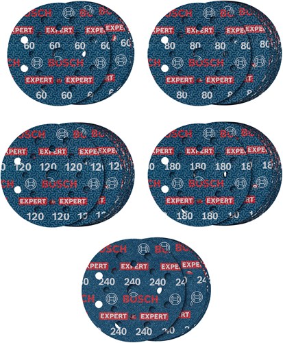Bosch Zubehör Expert 55-teiliges Set Schleifscheibe O780 mit Folienunterlage, 125 mm, 5xG60; 15xg80; 15xg120; 15xg180; 5xg240 - 2608902429