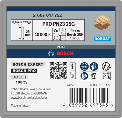 Bosch Zubehör Pro PN23 G Nagel | 0,65 23g | verzinkt | 25mm | 10000 Stück - 2607017752