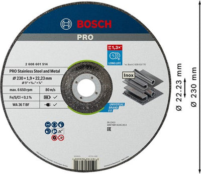 Bosch Zubehör Pro Edelstahl- und Metallgebundene Trennscheibe | 230 x 1,9 x 22,23 mm | mit vertiefter Mitte - 2608601514