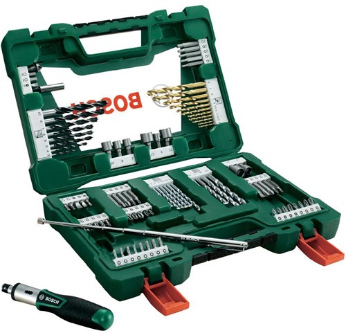 Bosch Zubehör V-Line Blechbohrer und Bit-Set mit Ratschenschraubendreher und magnetischem ausziehbarem Stift 91-teilig – 2607017195