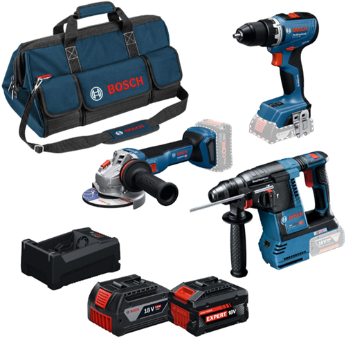 Bosch blaues 3-teiliges Kombiset GSR 18V-65 Akku-Bohrschrauber, GBH 18V-26 Bohrhammer, GWS 18V-11 Winkelschleifer, 2x GBA 18V 5,0Ah-5,5Ah – 0615A500aj