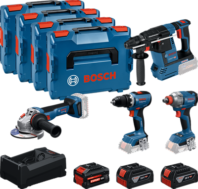 Bosch blauer Akku-Werkzeugsatz 4-fach 18 V | gsr 18v-65 + gdx 18v-285 + gbh 18v-26 + gws 18v-11 | + 2x GBA 18V 5,0Ah + 1x ExBA 18V 5,5Ah + Ladegerät - 0615a500bj