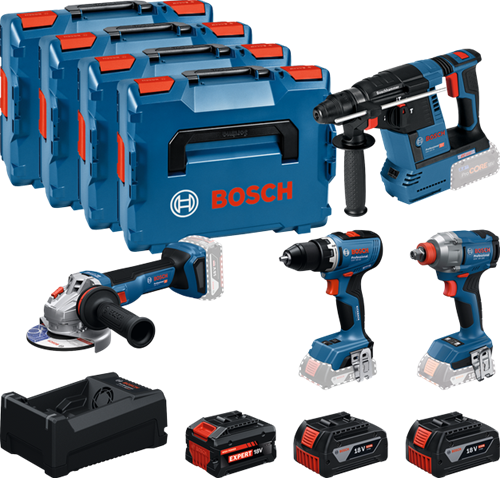 Bosch blauer Akku-Werkzeugsatz 4-fach 18 V | gsr 18v-65 + gdx 18v-285 + gbh 18v-26 + gws 18v-11 | + 2x GBA 18V 5,0Ah + 1x ExBA 18V 5,5Ah + Ladegerät - 0615a500bj