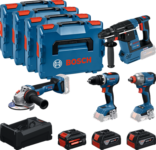 Bosch blauer Akku-Werkzeugsatz 4-fach 18 V | gsr 18v-65 + gdx 18v-285 + gbh 18v-26 + gws 18v-11 | + 2x GBA 18V 5,0Ah + 1x ExBA 18V 5,5Ah + Ladegerät - 0615a500bj