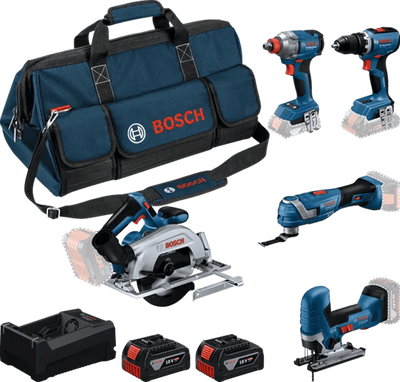 Bosch blauer Akku-Werkzeugsatz 5-fach 18 V | GSR 18V-65 + GDX 18V-285 + GKS 18V-57-2 + GoP 18V-34 + GST ​​18V-125 S | inkl. 2x GBA 18V 5,0Ah + Ladegerät - 0615a500bv