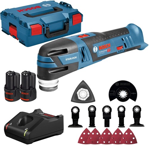 Bosch blau gop 12v-28 | 12V | Li-Ion | Akku-Multitool | einstellen | 2x 3,0-Ah-Batterie | 12-teiliges Zubehörset | l-boxx - 06018b5006