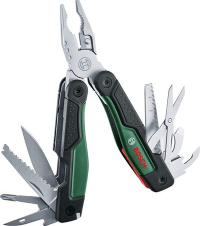 Bosch grünes 16-in-1-Multitool (16-in-1-Multitool (Nadelzange, Zange, Drahtschneider, 2x Schraubendreher (SL4 6, PH), metrisches Lineal, Messer, Säge, Feile, Flaschenöffner, Dosenöffner – 1600a02z98