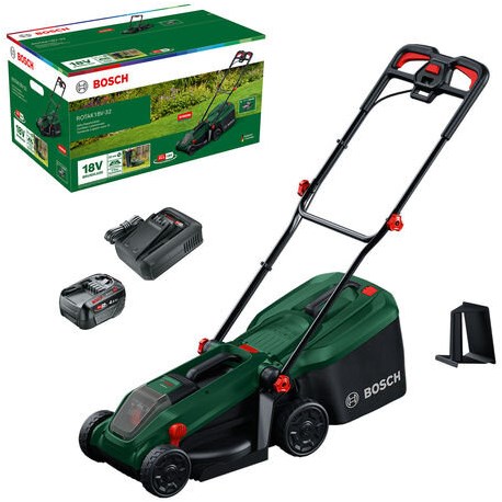 Bosch grüner Akku-Rasenmäher Rotak 18V-32 | inkl. 1 x 18-V-Li-Ionen-Akku (4,0 Ah) + AL18V-44-Ladegerät + Mulchstecker – 06008b9p00