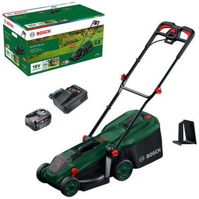 Bosch grüner Akku-Rasenmäher Rotak 18V-34 | inkl. 1 x 18-V-Li-Ionen-Akku (4,0 Ah) + AL18V-44-Ladegerät + Mulchstecker – 06008b9n00