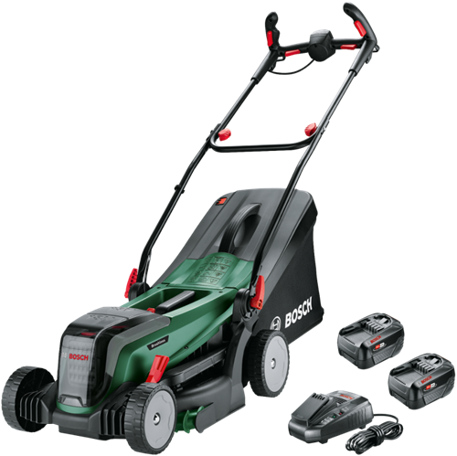 Bosch grüner Akku-Rasenmäher universalrotak | 2x18v-37-550 | 2 x 18 V Li-Ion 4,0 Ah Akkus + AL 1830 CV Ladegerät – 06008b9e00