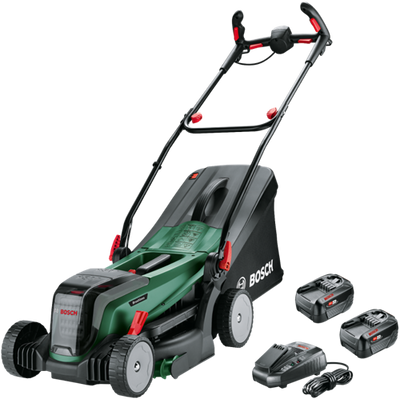 Bosch grüner Akku-Rasenmäher universalrotak | 2x18v-37-550 | 2 x 18 V Li-Ion 4,0 Ah Akkus + AL 1830 CV Ladegerät – 06008b9e00