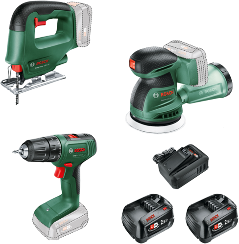Bosch grüner Akku-Werkzeugsatz Kombipack EasyDrill 18V-40 + EasySaw 18V-70 + EasyOrbit 18V-10 | inklusive 2x 18V 2,5 Ah + Ladegerät | im Beutel - 0615a500a9