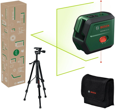 Bosch Green Advanced Level 2G Set Kreuzlinienlaser | Integrierter Li-Ionen-Akku + Aufbewahrungskoffer + Stativ 1,2 m – 0603663gz1