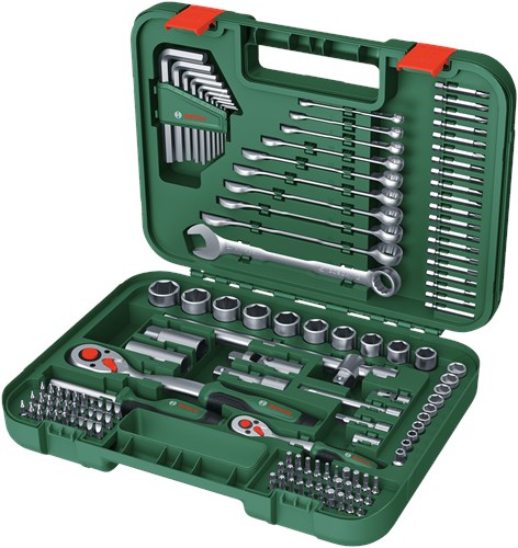 Bosch grüner Befestigungssatz 132-teilig (1 2 Ratsche, 1 4 Ratsche, Universal-Bit-Schraubendreher, Torx-Schlüsselsatz 10-teilig, 10x Maul-Ringschlüssel, 20x Bit (50 mm), 60x Bit (25 mm) – 1600a02z9b