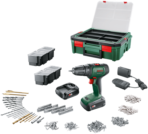 Bosch grüner Universalbohrschrauber 18V | Akku-Bohrschrauber | 2 x 1,5 Ah Akku + Ladegerät | inkl. Zubehör + Systembox - 06039d4003