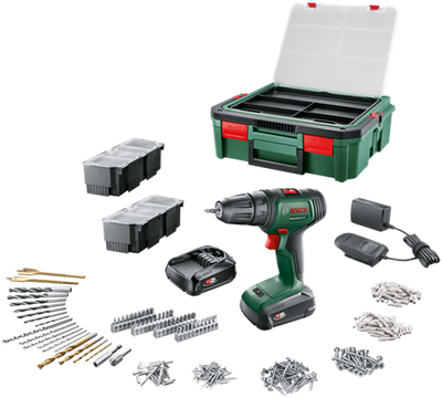 Bosch grüner Universalbohrschrauber 18V | Akku-Bohrschrauber | 2 x 1,5 Ah Akku + Ladegerät | inkl. Zubehör + Systembox - 06039d4003