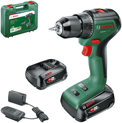 Bosch grüner Universalbohrer 18V-60 | Akku-Bohrschrauber mit zwei Einstellungen | 2 x 2,0 Ah Akku + Ladegerät 06039d7002