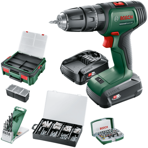 Imp Bosch Green Universalact 18V | Akku-Schlagbohrschrauber | 1,5 Ah + 2,5 Ah Akku + Ladegerät | + Systembox und Zubehör 06039d4107