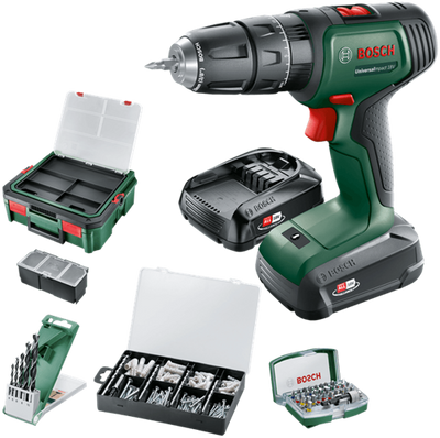 Imp Bosch Green Universalact 18V | Akku-Schlagbohrschrauber | 1,5 Ah + 2,5 Ah Akku + Ladegerät | + Systembox und Zubehör 06039d4107