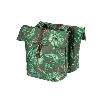 Basil Ever-Green Doppel-Fahrradtasche, recyceltes PET, wasserabweisender Faltverschluss, veganes Leder, 28-32L, Thymiangrün