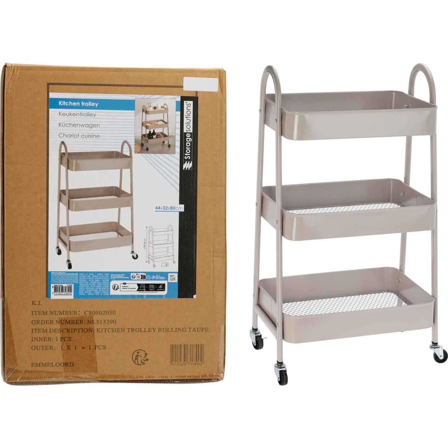 Aufbewahrungslösungen Küchenwagen Metall 3 Schichten Taupe 32x45