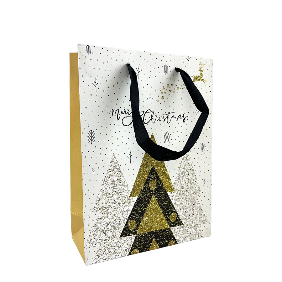 Geschenktüte, mittelgroß, weiß, Glitzer, Frohe Weihnachten, Weihnachtsbaum, 18 x 24 x 8 cm