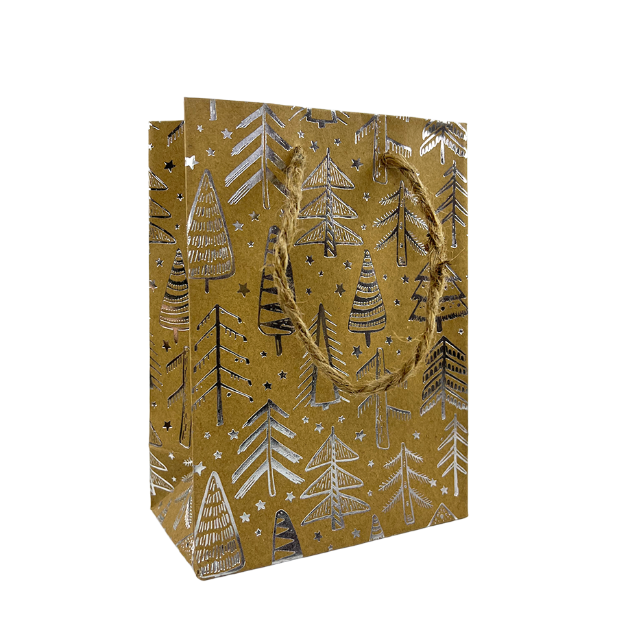 Geschenktüte Mini Kraft Weihnachtsbaum Silber 11x6x16cm