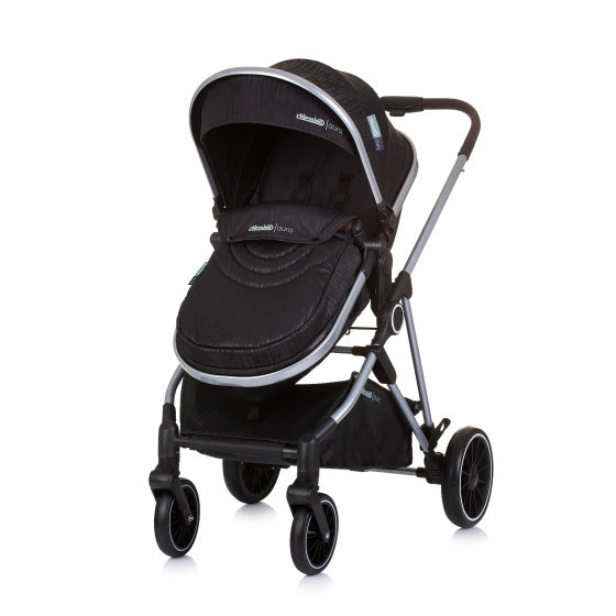 Chipolino Aura faltbar 3-in-1-Kinderwagen mit Windelbeutel Obsidian Schwarz Silber