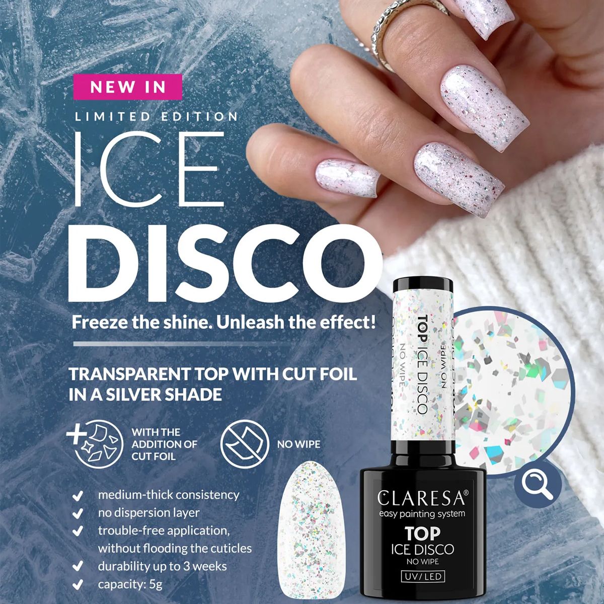 Claresa Top Coat, nicht abwischbar, Ice Disco, 5 ml