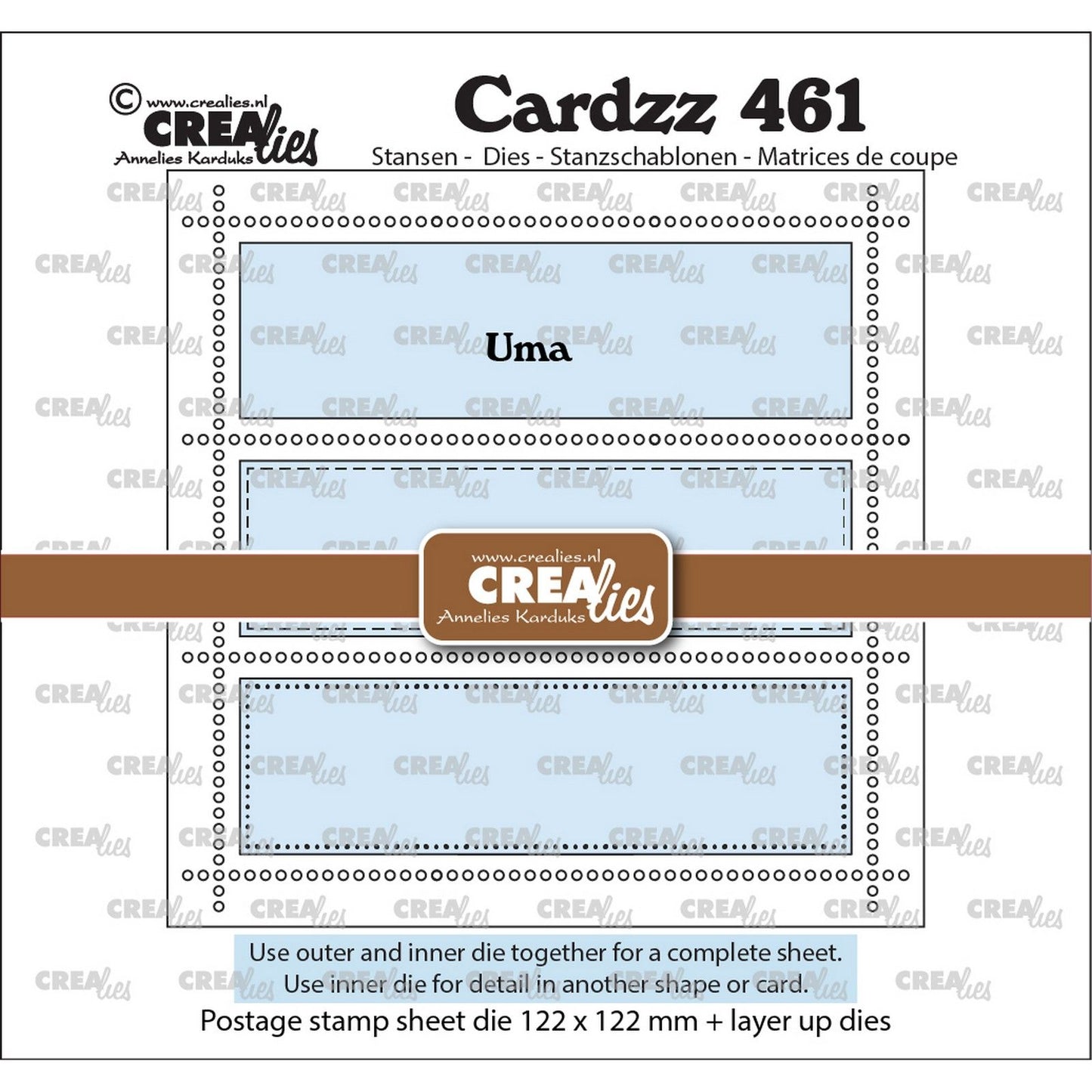 Crealies • Cardzz Punch quadratischer Stempelbogen Uma mit 3 Rechtecken