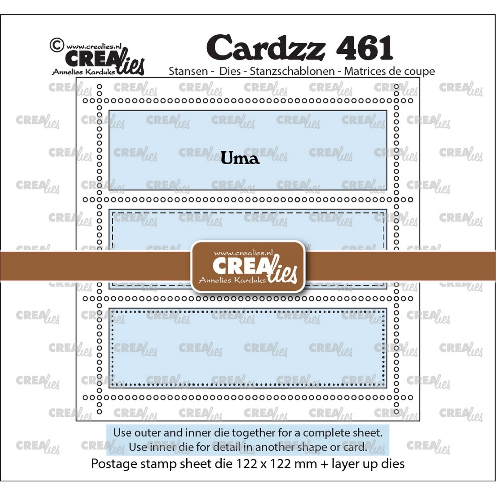 Crealies • Cardzz Punch quadratischer Stempelbogen Uma mit 3 Rechtecken