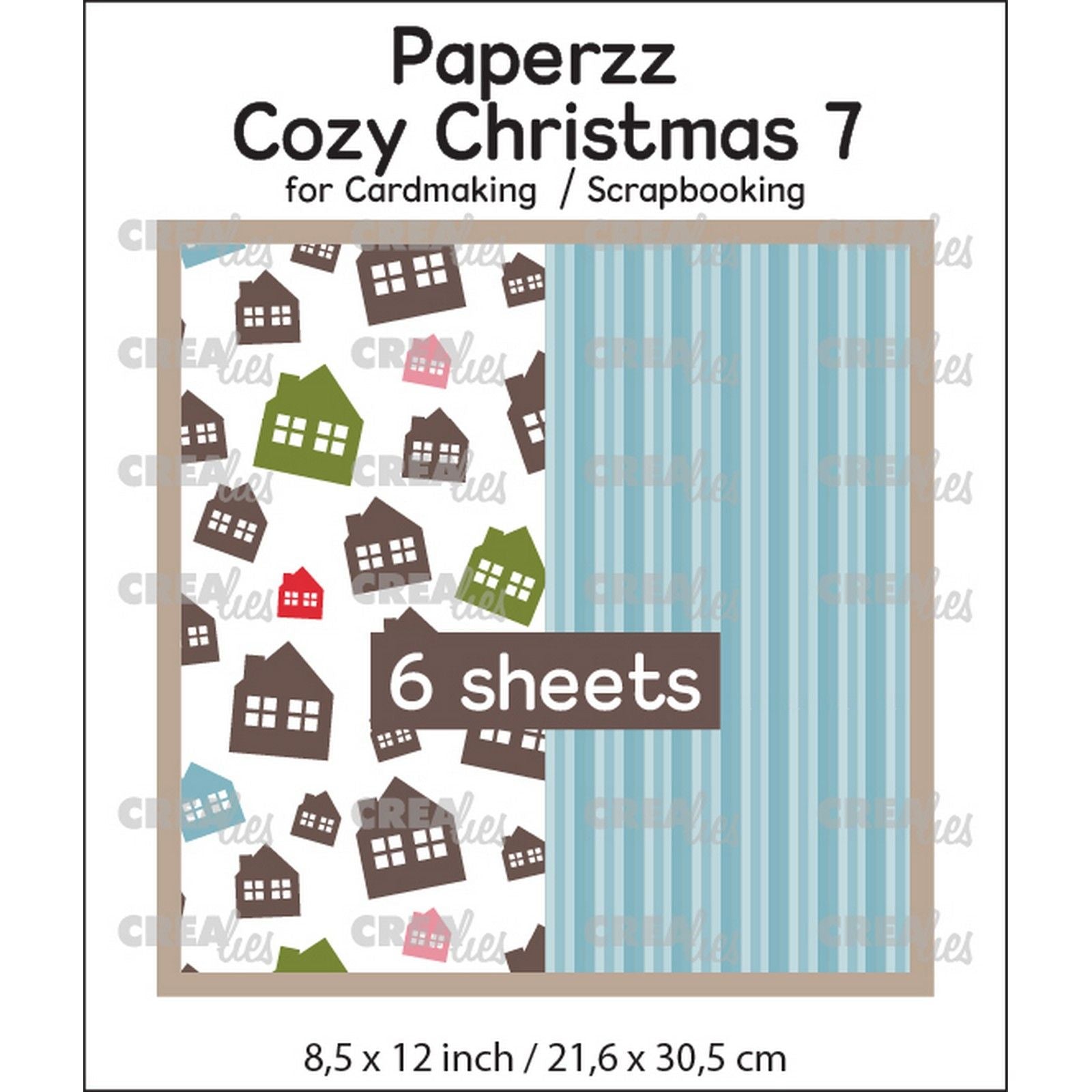 Crealies • Paperzz 6x gemütliches Weihnachtsblatt 7: Häuser + blau gestreift